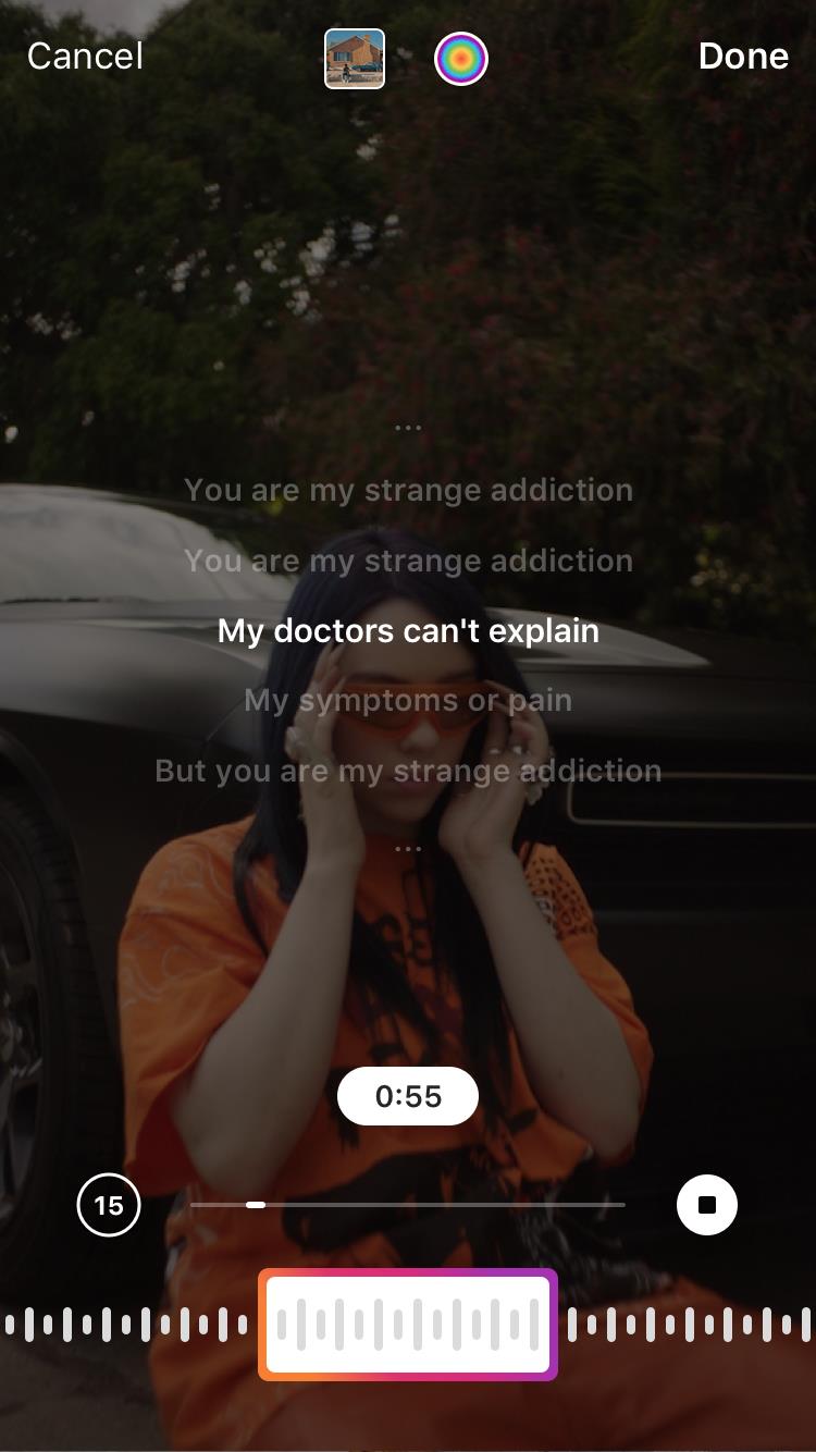 Instagram ha aggiunto i testi delle canzoni alla musica nelle Storie Schermata delle Storie di Instagram