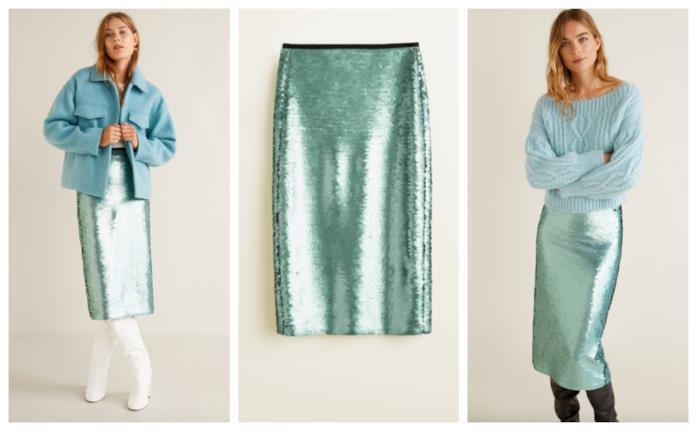 Gonna paillettes verde acqua moda autunno inverno 2018-2019 Verde acqua la gonna con le paillettes di tendenza
