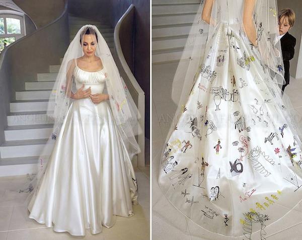 Angelina Jolie e il suo abito da sposa Angelina Jolie e l'abito disegnato dai figli