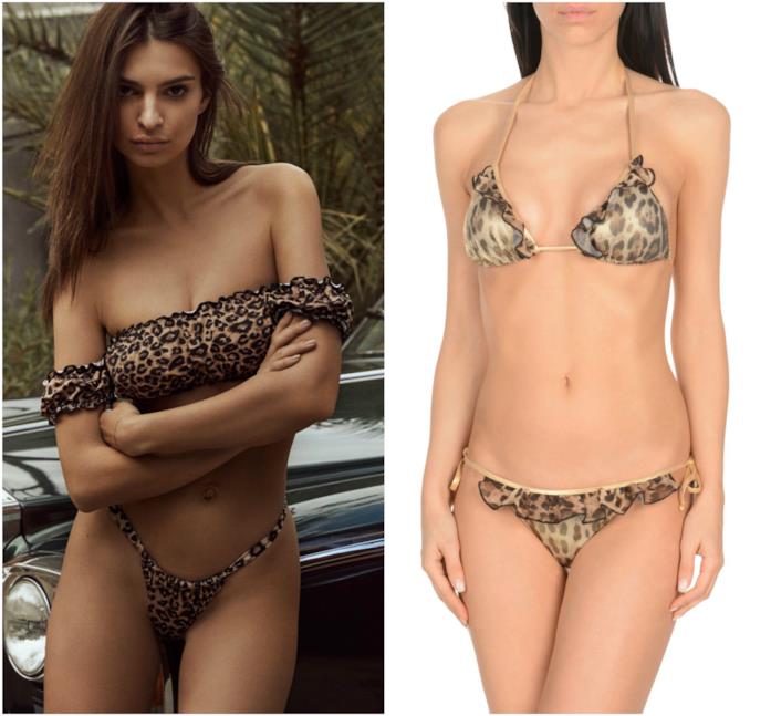 Bikini con la stampa animalier e rouches estate 2018 Bikini con stampa animalier come Emily Ratajkowski