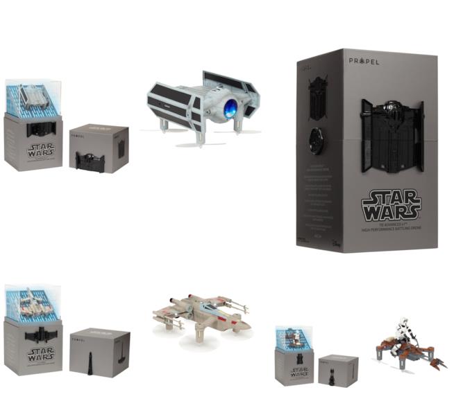I droni Propel a forma di veicoli di Star Wars quattro droni a forma di veicoli di Star Wars