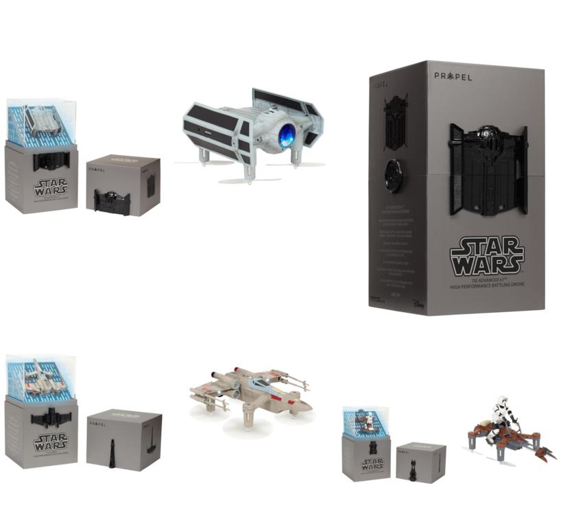 I droni Propel a forma di veicoli di Star Wars quattro droni a forma di veicoli di Star Wars