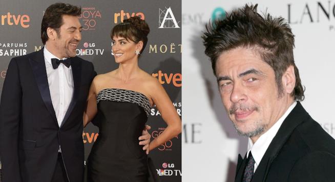 Javier Bardem insieme alla moglie Penelope Cruz ed una foto di Benicio Del Toro Javier Bardem,Penelope Cruz e Benicio Del Toro