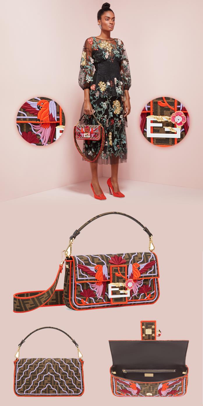 Fendi Baguette con fantasia Sfilata Parakeet Modella porta Fendi Baguette con fantasia Sfilata Parakeet, dettagli retro e interno borsa