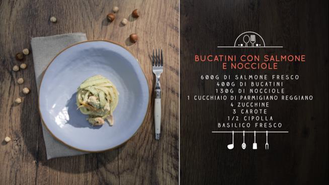 Bucatini con salmone e nocciole Piatto di bucatini con salmone e nocciole