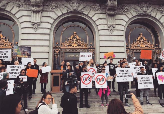 I cittadini manifestano per il divieto di vendita di pellicce a San Francisco La folla al comunie di San Francisco per il divieto di vendita delle pellicce