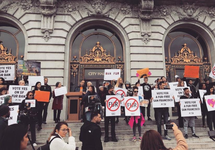 I cittadini manifestano per il divieto di vendita di pellicce a San Francisco La folla al comunie di San Francisco per il divieto di vendita delle pellicce
