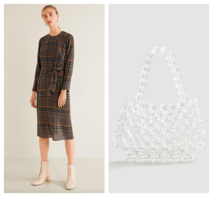 Abito midi a quadretti multicolore di moda per l'autunno 2018 Vestito a quadri multicolore di tendenza per l'autunno 2018