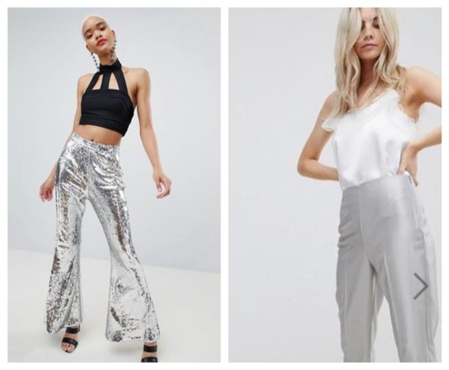 Pantaloni effetto metallizzato di tendenza per l'estate 2018 Dall'effetto silver, i pantaloni lunghi P7E 2018