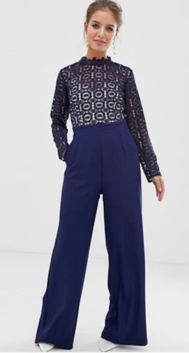 Tuta lunga blu navy con top in pizzo sangallo