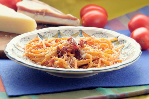 Gricia con spaghetti, guanciale rosolato e pecorino Gricia con spaghetti