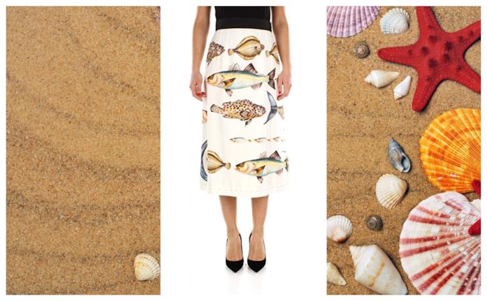 Gonna con stampa pesci di moda per l'estate 2018 Pencil skirt con la stampa di pesci per l'estate 2018