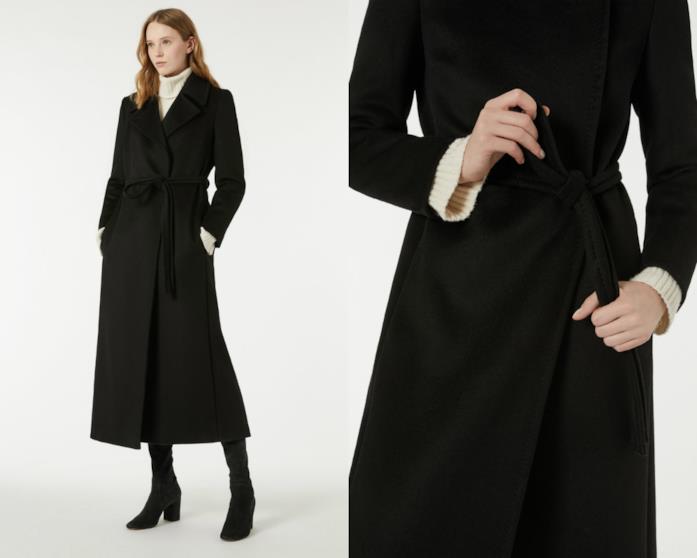 Cappotto lungo con cintura nero Cappotto lungo di moda per l'inverno 2018