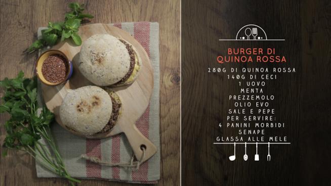 Chiara Maci ed il suo Burger di quinoa rossa e ceci con salsa a base di senape e glassa di mele Burger di quinoa rossa