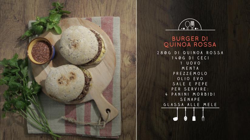 Chiara Maci ed il suo Burger di quinoa rossa e ceci con salsa a base di senape e glassa di mele Burger di quinoa rossa