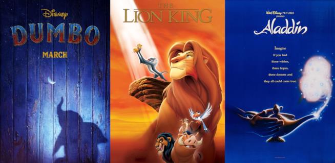 Le locandine dei film Disney Dumbo,Il re leone e Aladdin I poster dei film Disney Dumbo,Il re leone e Aladdin
