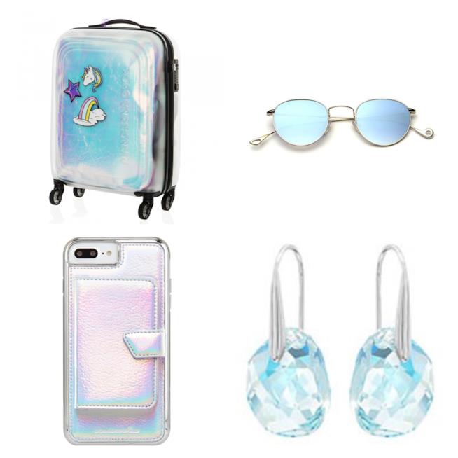Accessori iridescenti di moda per l'estate 2018 Valigia, gioielli, cover per cellulare iridescenti