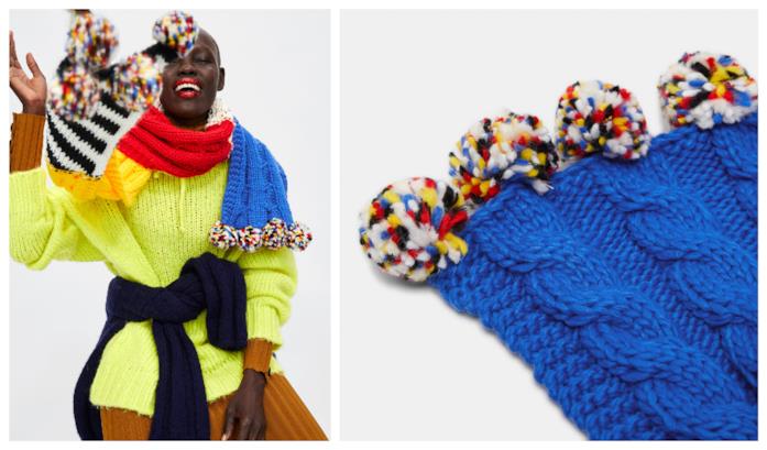 Sciarpa patchwork multicolore con pompon per l'autunno 2018 Multicolore, la sciarpa in stile patchwork di tendenza per l'autunno inverno 2018