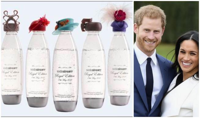 Bottiglie eco per il matrimonio di Harry e Meghan Collage tra bottiglie Sodastream e Harry e Meghan