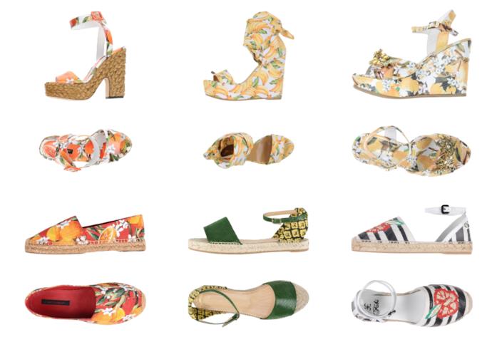 Sandali ed espadrillas con la frutta di moda per l'estate 2018 Con le stampe della frutta, le scarpe di tendenza per l'estate 2018