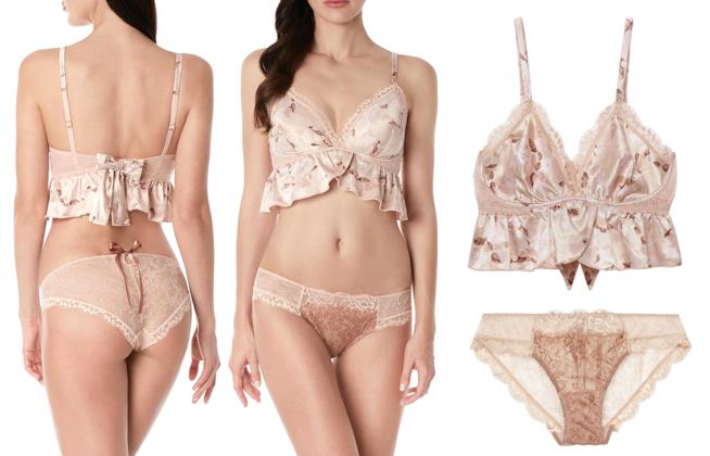 Intimissimi 2018 Top reggiseno triangolo in raso stampato e pizzo non imbottito e senza ferretto e Slip in pizzo bicolor decorato da un fiocco in raso Reggiseno triangolo in raso stampato e Slip in pizzo bicolor