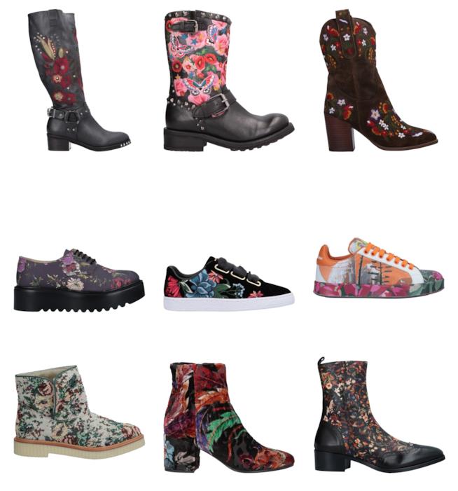 Stivali, stivaletti e sneakers con i fiori di moda per l'autunno inverno 2018-19 Scarpe a fiori di tendenza per l'autunno inverno 2018-19