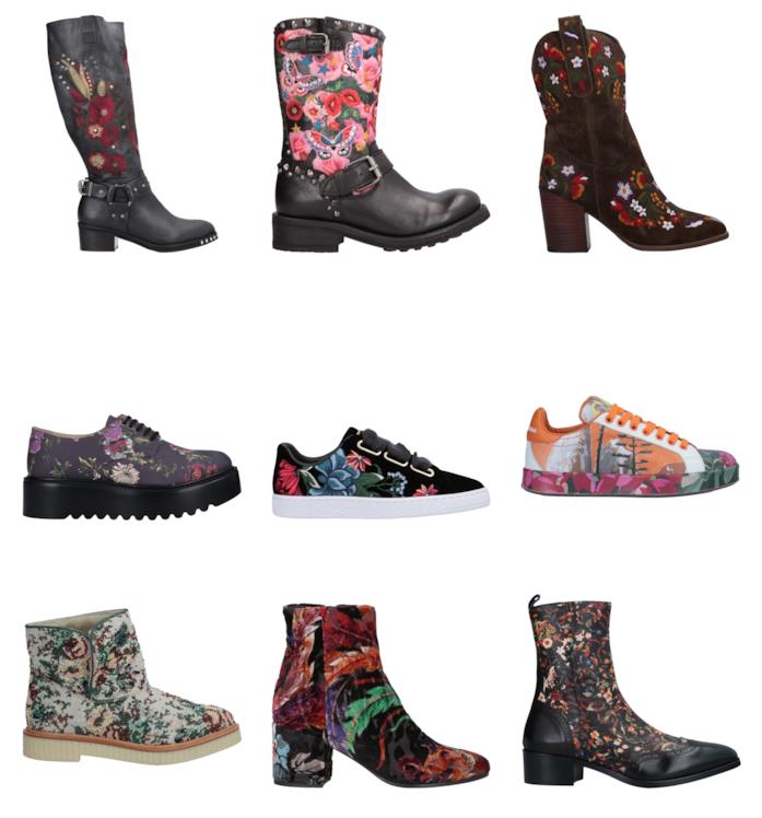 Stivali, stivaletti e sneakers con i fiori di moda per l'autunno inverno 2018-19 Scarpe a fiori di tendenza per l'autunno inverno 2018-19