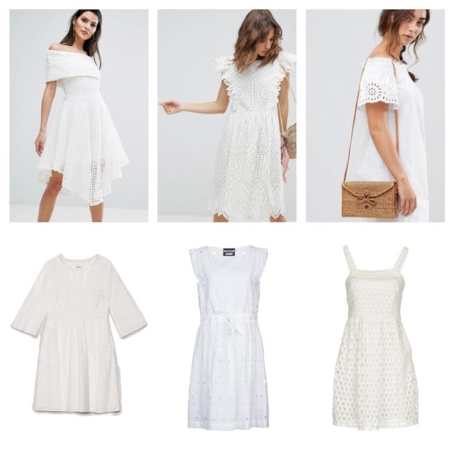 Vestiti corti bianchi in pizzo sangallo di moda per l'estate 2018 Abiti corti in pizzo sangallo di tendenza per l'estate 2018