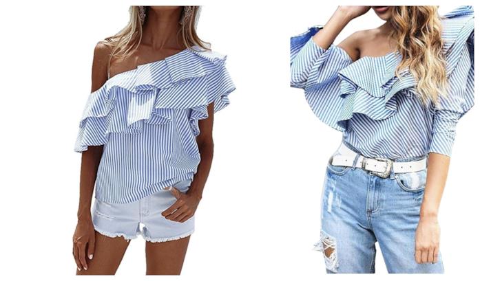 Camicie a righe bianche e blu di moda per l'estate 2018 Monospalla, le camicie a righe di tendenza per l'estate 2018