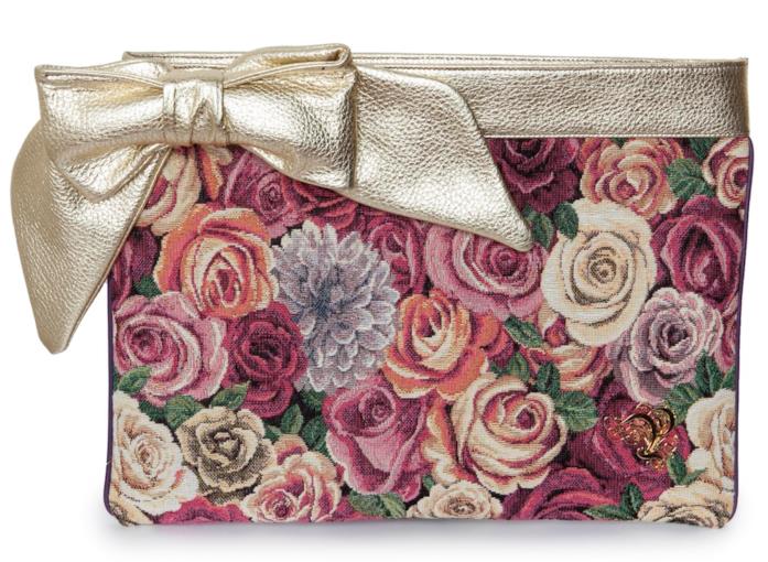 Clutch elegante placcata in oro con stampa floreale di moda per l'estate 2018 La borsa elegante bordata di oro di tendenza per l'estate 2018