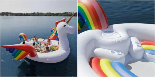 Unicorno gonfiabile Ragazza su un unicorno gonfiabile gigante