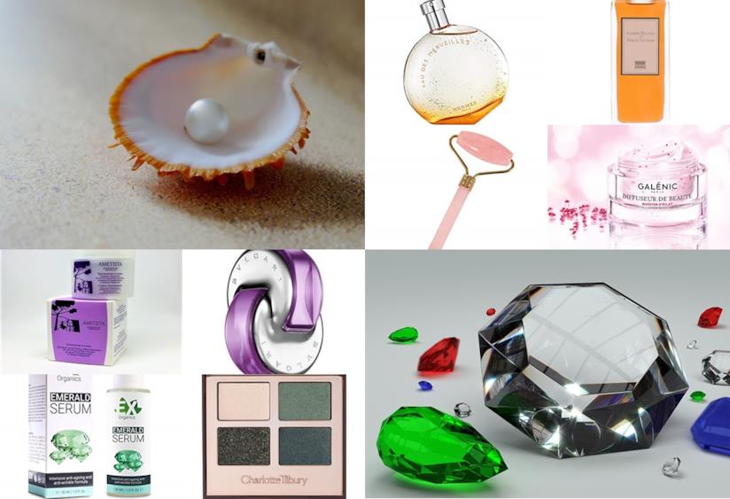 gemme, oro, argento alleati di bellezza cosmetici che contengono smeraldi, quarzo rosa e ambra