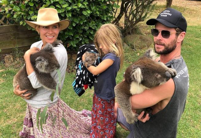 Chris Hemsworth e la sua famiglia con in braccio dei koala Chris Hemsworth e la sua famiglia tengono in braccio dei koala