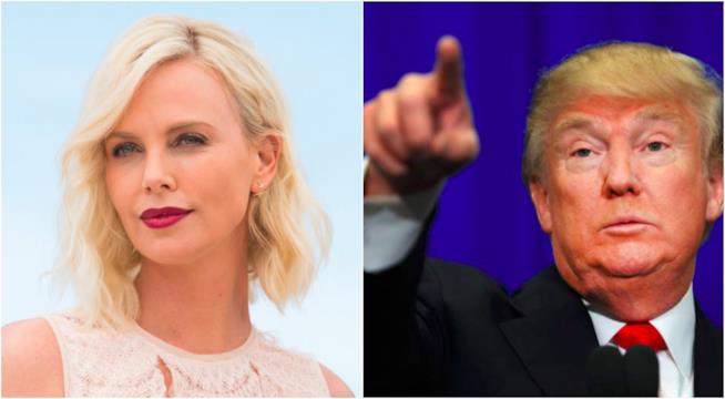 Charlize Theron contro Trump Collage tra Donald Trump e Charlize Theron