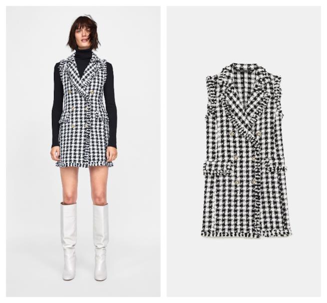 Abito mini in tweed di Zara bianco e nero per l'autunno inverno 2018-19 Vestito mini in tweed di tendenza per l'autunno inverno 2018-19