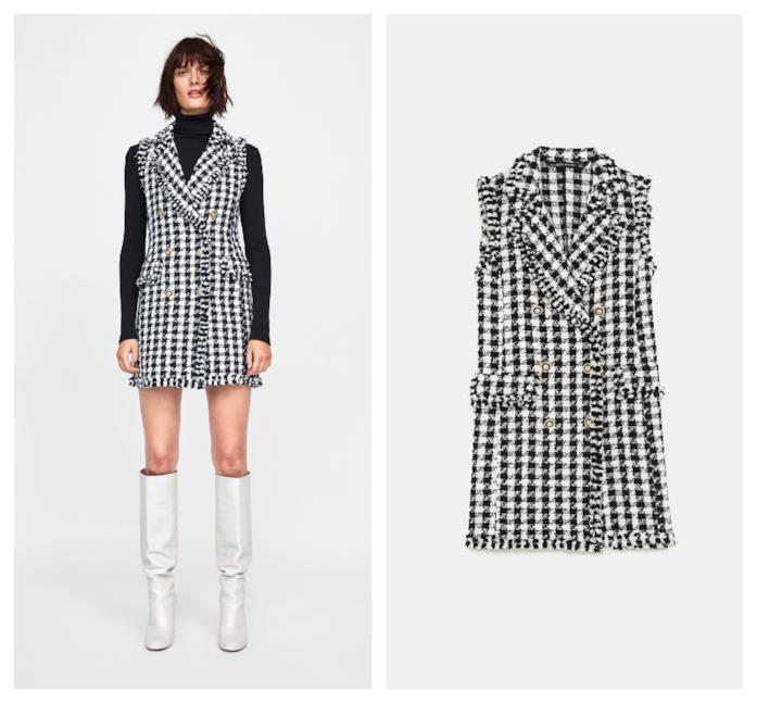 Abito mini in tweed di Zara bianco e nero per l'autunno inverno 2018-19 Vestito mini in tweed di tendenza per l'autunno inverno 2018-19