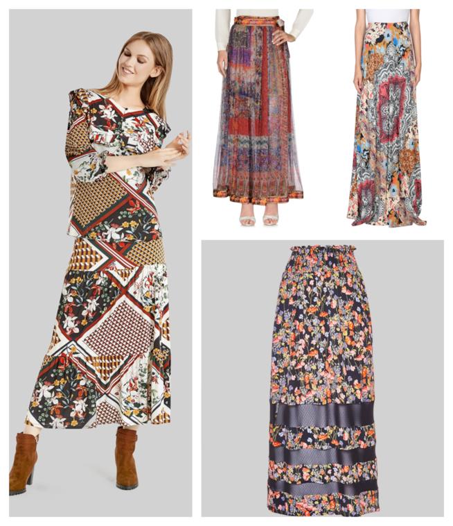 Gonne lunghe stile hippie di moda per l'autunno inverno 2018-19 Gonne a fantasia floreale ed etnica di tendenza per l'A/I 2018-19