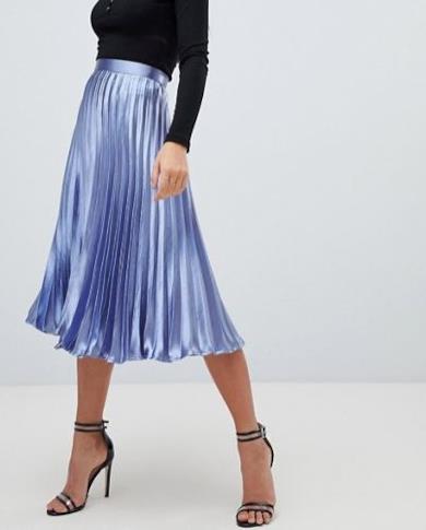 Gonna midi plissettata blu in raso martellato