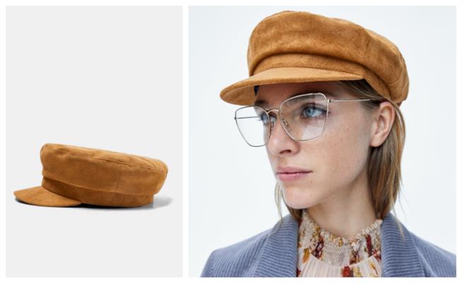 Cappello da marinaio in finto camoscio di Zara per l'autunno 2018 Cappello di tendenza autunno 2018 da marinaio cognac