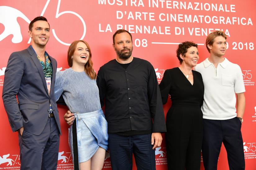 La favorita in concorso a Venezia 75 Nicholas Hoult, Emma Stone, Yorgos Lanthimos, Olivia Colman e Joe Alwyn a Venezia 75