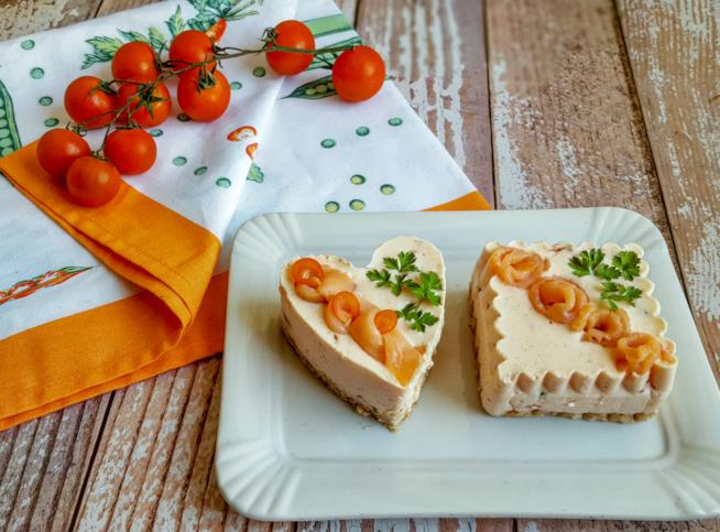 Cheesecake al salmone Cuore e quadrato di formaggio al salmone