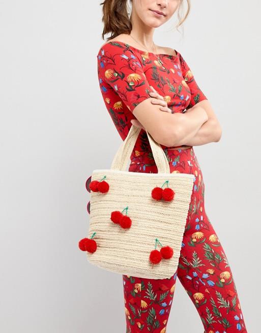 Borsa di paglia con ciliegie per l'estate 2018 Borsa in paglia con ciliegie
