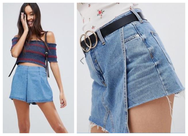 Gonna pantalone corta in denim di moda per l'estate 2018 Asimmetrica e in denim, la gonna pantalone di tendenza P/E 2018