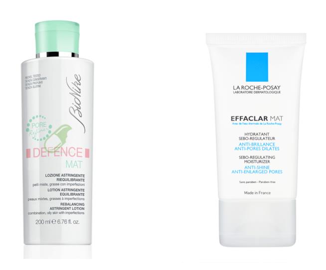 Tonico Bionike e crema giorno La Voce Posay per pelle grassa Soluzione tonificante della linea Defence mat di Bioninke e Effaclar Mat di La Roche Posay