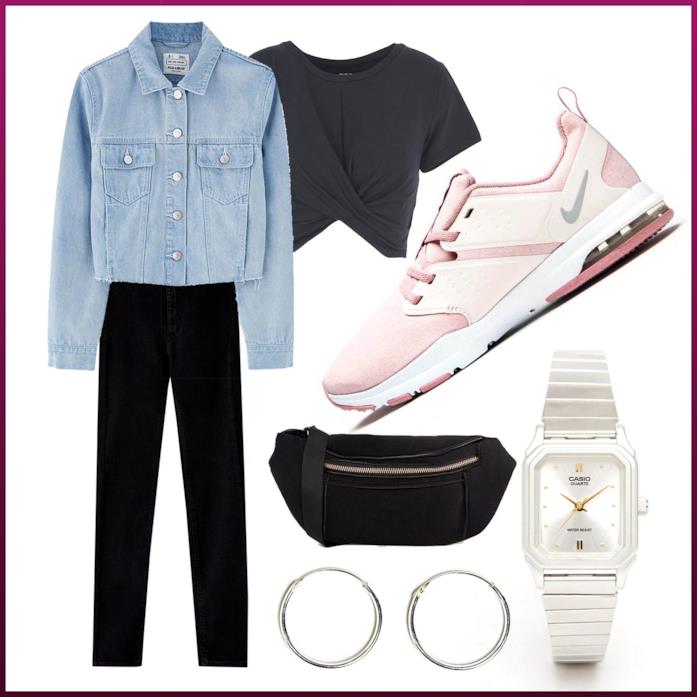 Outfit urban con giacca di jeans e Nike rosa Outfit urban con giacca di jeans e Nike rosa
