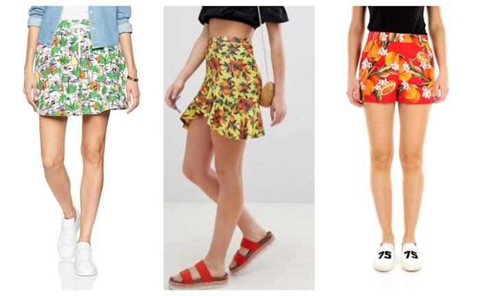 Gonne e shorts con le stampe della frutta moda estate 2018 Con le stampe della frutta, le minigonne e gli shorts di tendenza estate 2018