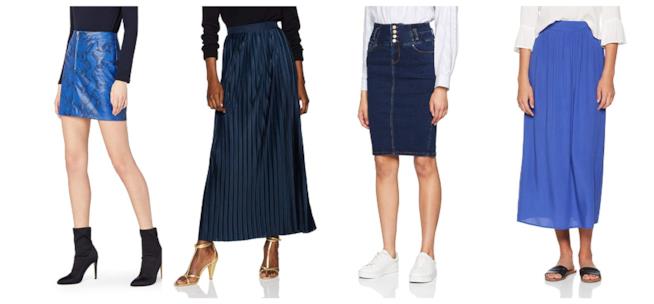 Gonne lunghe e corte blu di moda per l'autunno inverno 2018-19 Gonne midi e mini blu di tendenza per l'A/I 2018-19