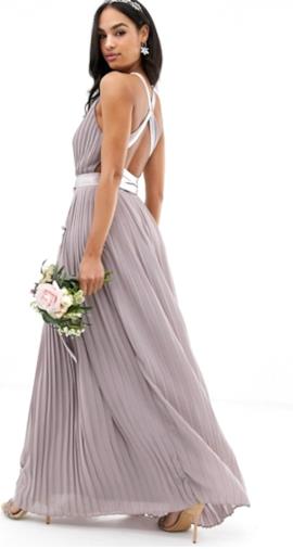 Vestito da damigella a pieghe lungo con incrocio sul retro e fiocco grigio