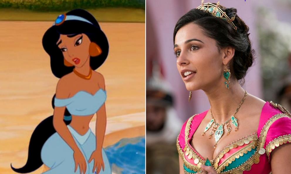 Collage tra Jasmine d'animazione e Jasmine del film del 2019