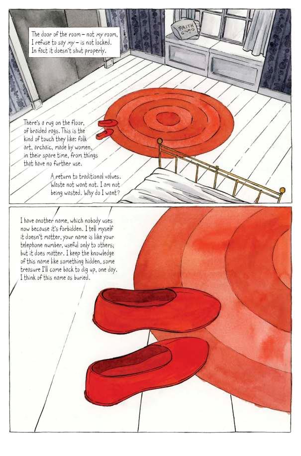 Il romanzo di Margaret Atwood è disegnato da Renée Nault Disegni e didascalie di pagina 9 del graphic nove The Handmaid's Tale